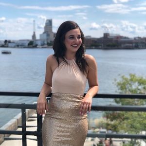 Bari Jay Gold Sequin Halter Bridesmaid Dress Size4